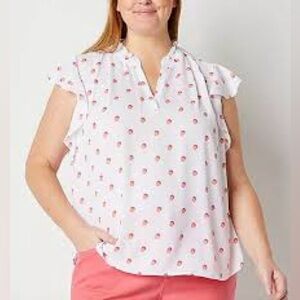 Liz Claiborne White and Pink Polka Dot Sheer Top Size Large EUC‎